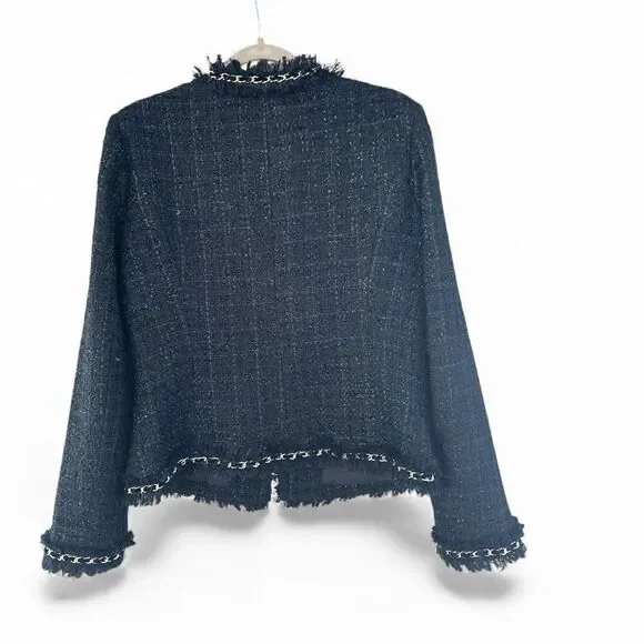 Boston Proper Women's Parisian Tweed Shimmer Chain Fringe Jacket Navy Gold Sz 12 - Picture 4 of 9